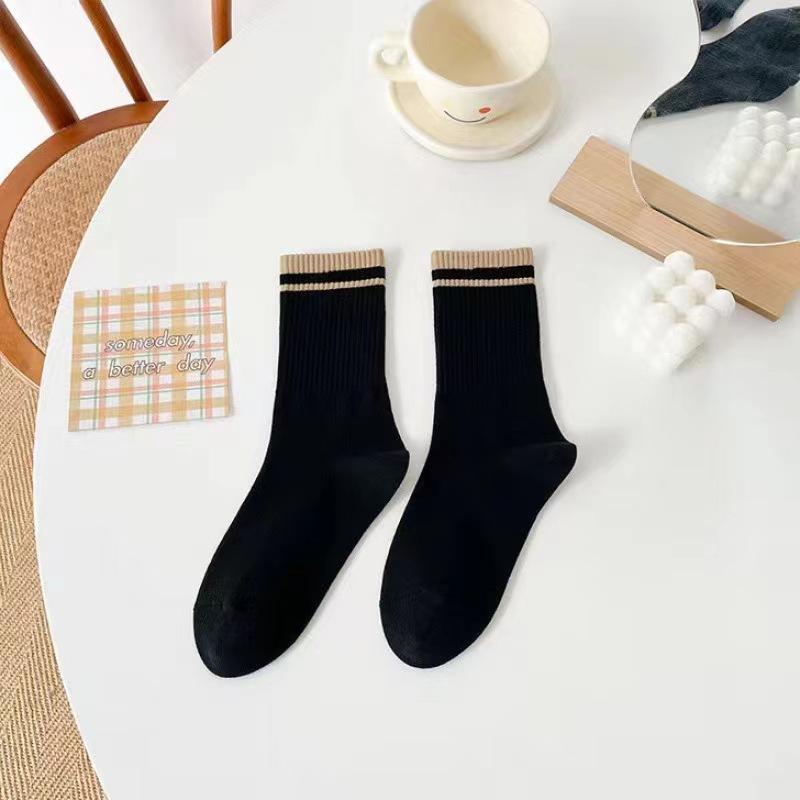 5 Pairs of Socks, Women's Mid-calf Socks, Sports Socks, Striped Two-bar College Cotton Socks, Casual and Breathable