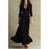 Womens Solid Color Button Lapel Long Sleeve Maxi Dress Slim Fit High Waist Party Casual