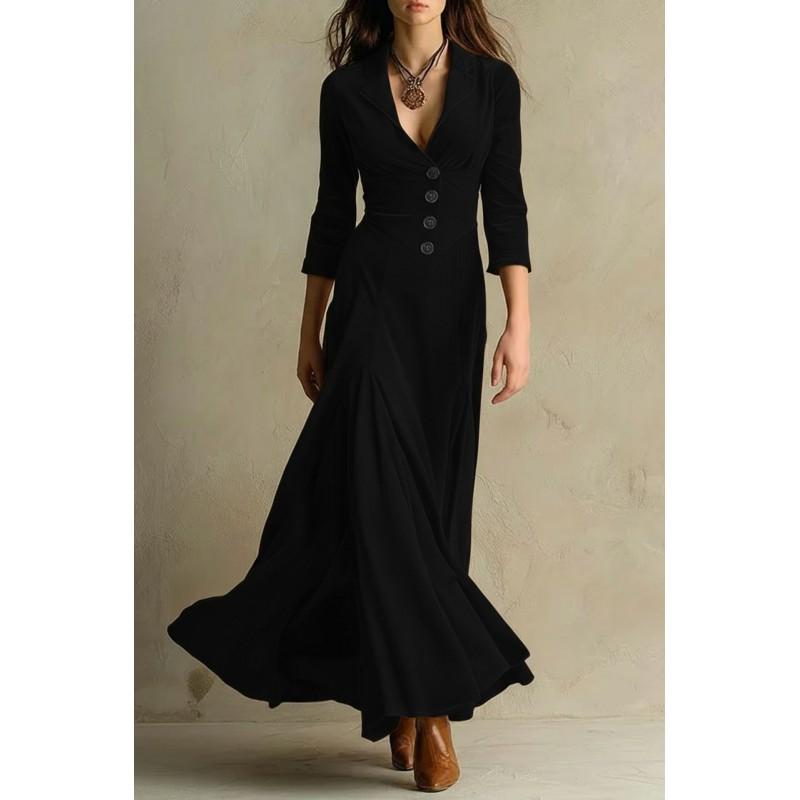 Womens Solid Color Button Lapel Long Sleeve Maxi Dress Slim Fit High Waist Party Casual