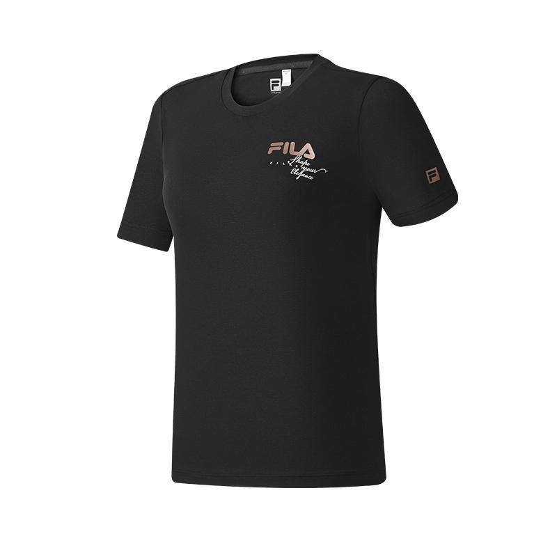 FILA Fitness Versatile Comfortable Casual Sports Simple Skin-Friendly Knitted Short Sleeve T-Shirt Women Tops Deep-Black A11W521105F-BK