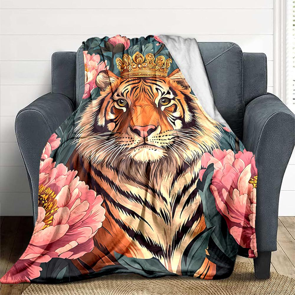 1pc Tiger Crown Floral Soft & Warm Polyester Knit Blanket, Digital Printed, All-Season Throw for Napping, Traveling, Sofa Yy250906046