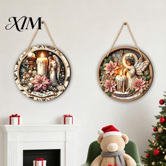 Indoor Holiday Party Decor Christmas Wooden Hanging Sign, Gnome Snowman Angel Candle 2D Wood Plaque, Winter Home Ornaments Vintage Xmas Wall