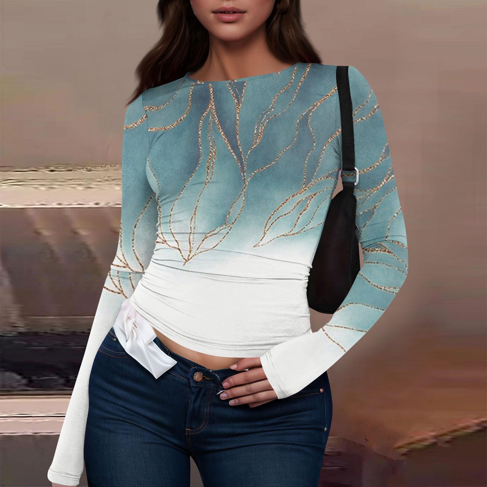 Женская модная повседневная футболка с круглым вырезом и длинным рукавом с принтом — фото 15