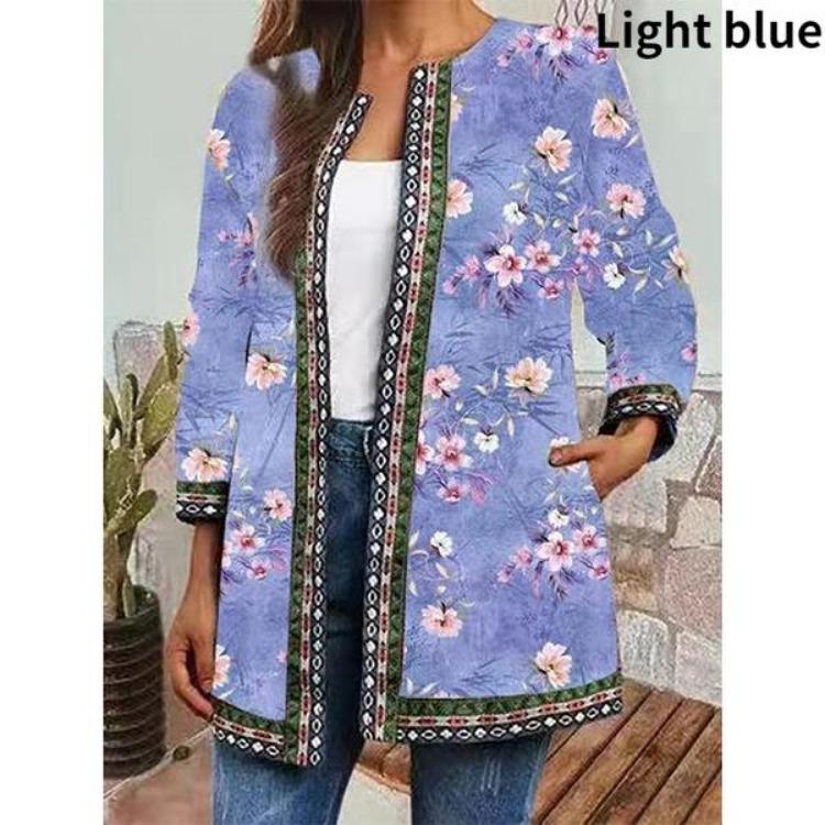 Vintage Floral Print Ethnic Style Jacket Plus Size Tribal Pattern Cardigan Ribbon Webbing Outwear Women Fashion