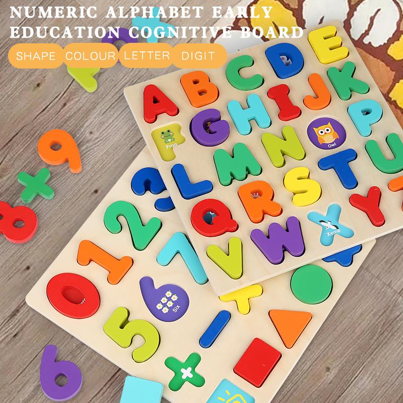 Ids Alphabetic Arithmetic Number Geometric Shapes Wooden Puzzle Montessori Preschool Learning Educational Game Toy for Children