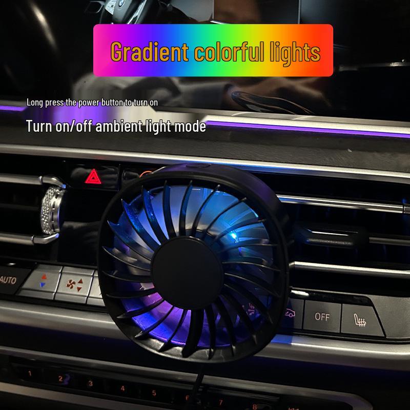 USB Electric Car Fan with Atmosphere Light - Multi-Color Vent Clip with Strong Wind