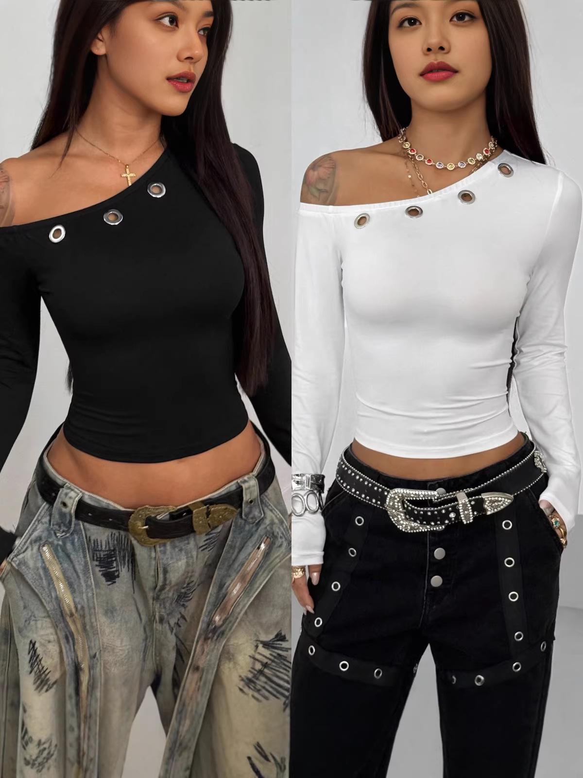 Women s Off-Shoulder Slanted Neck Crop Top - Slim Fit, Long Sleeve XXL чёрный