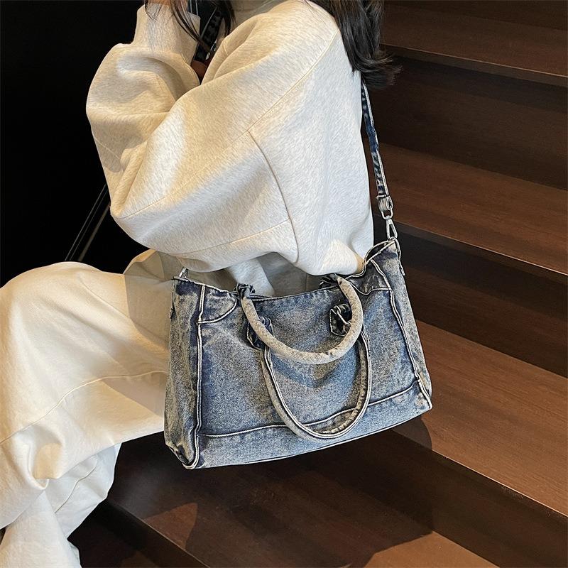 Retro Washed Denim Canvas Bag Women's New Large-capacity Casual Versatile Commuter Tote Bag Messenger Bag