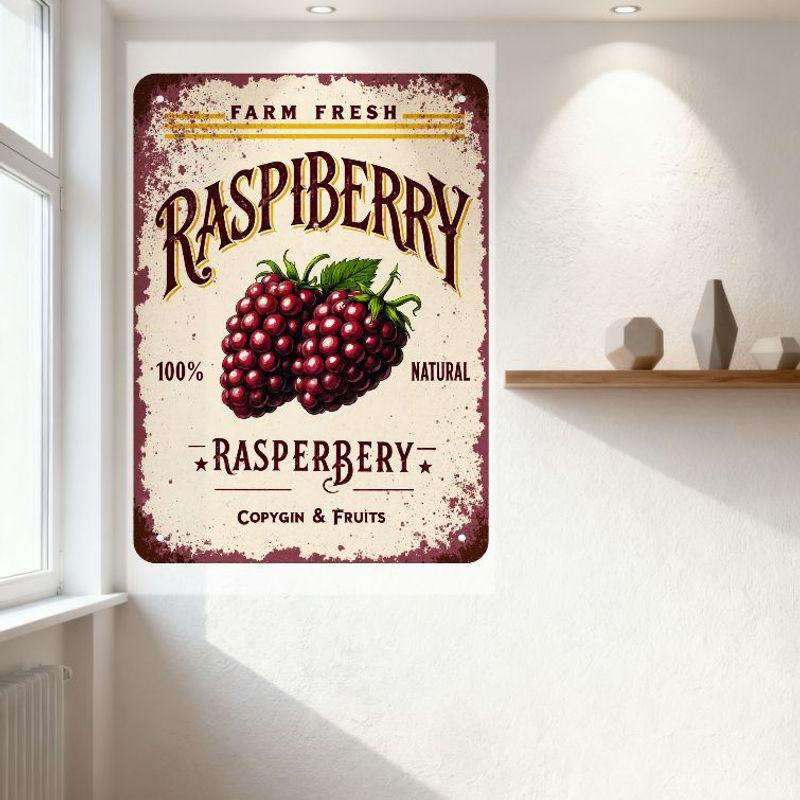 Vintage Farm Fresh Raspberry Metal Tin Sign - 100% Natural Retro Wall Decor with Realistic Raspberry Illustrations for Café Home