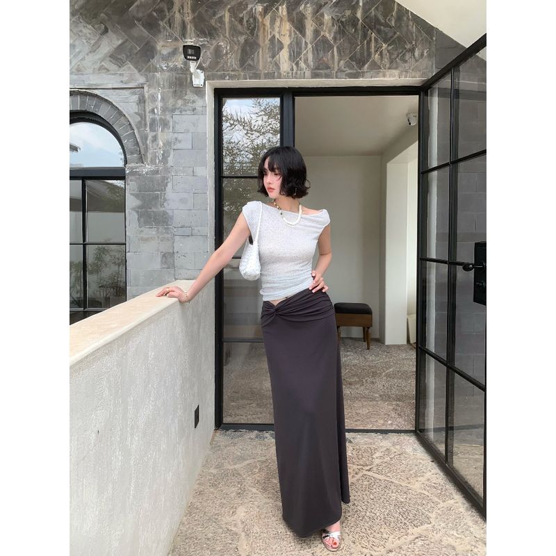 

Wine Afternoon Homemade [Three Search] French Retro Tencel Stylish Niche Style Ruched Kinked High Waist Long Skirt Grey 160/64Y(S)