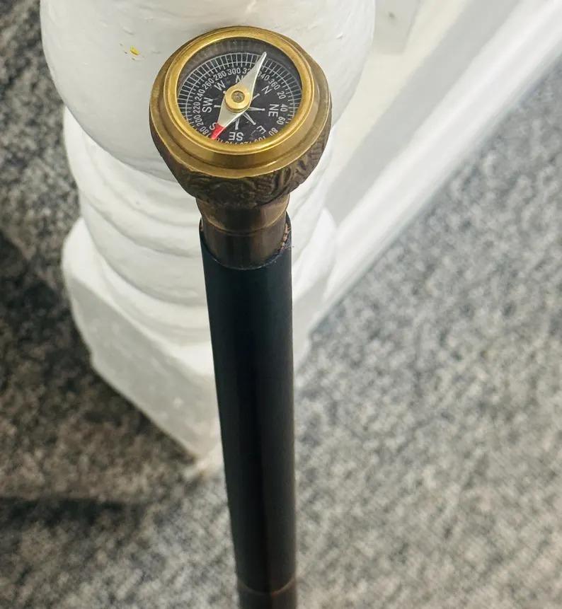 Walking Compass Handle & Wooden Stick Brass Antique Style Designer Nautical cane working Compass