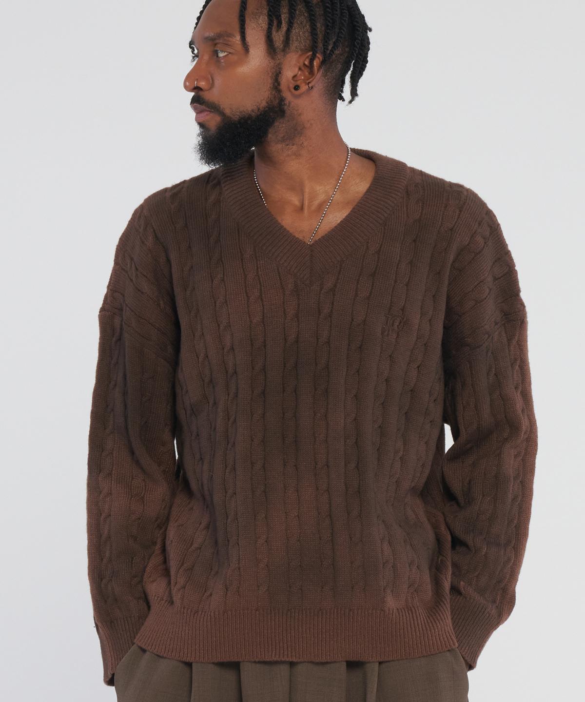 Tener Dirty Spray V-Neck Twisted Knitwear_Brown F