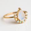 Pear Moonstone Ring with Opal Halo – Nature Inspired Gold Plated Boho Engagement Ring, Unique Promise Anniversary Gift for Women