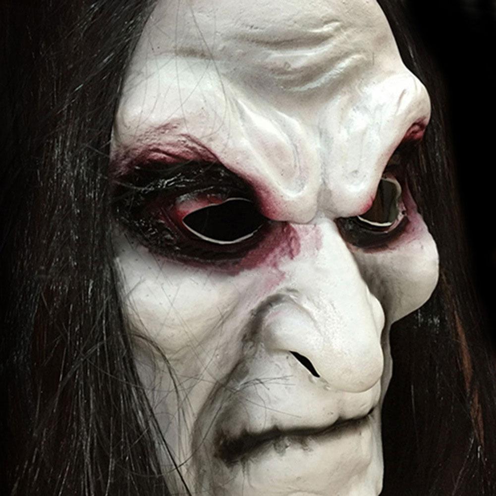 Maschera Zombie in Gomma di Halloween Giorno dei Morti Oggetti di Scena Horror Capelli Lunghi Tessuto Nero Maschera Horror Decorazione Parete Festa in Costume