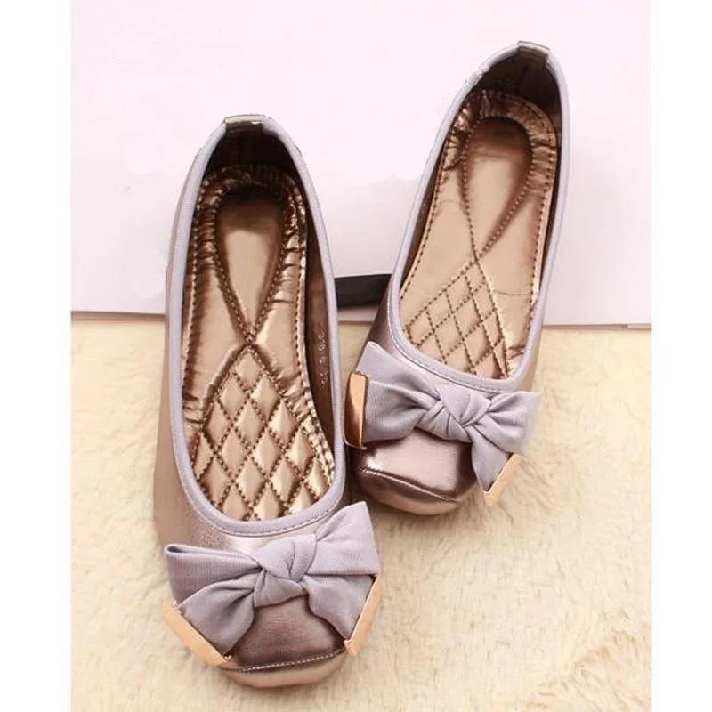 Fashion Spring Summer Shoes Women Ballet Flats Sweet Flat Bowknot Laides Brand Shoes Plus Size 41 Black Gold D069