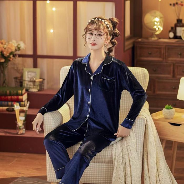 [Golden Velvet] Women's Plush Coral Fleece Pajama Set - Red, Warm for Autumn & Winter