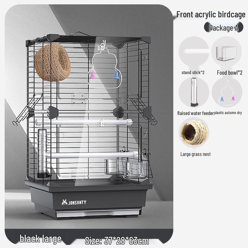 Großer Acryl-Vogelkäfig für Papageien, Nymphensittiche & Wellensittiche - Transparente Vorderseite mit Metallrahmen