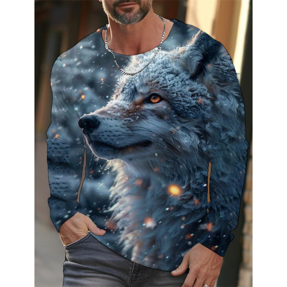 Long-sleeve 3D printed wolf pattern stylish T-shirt, men's street casual, round-neck trendy T-shirt