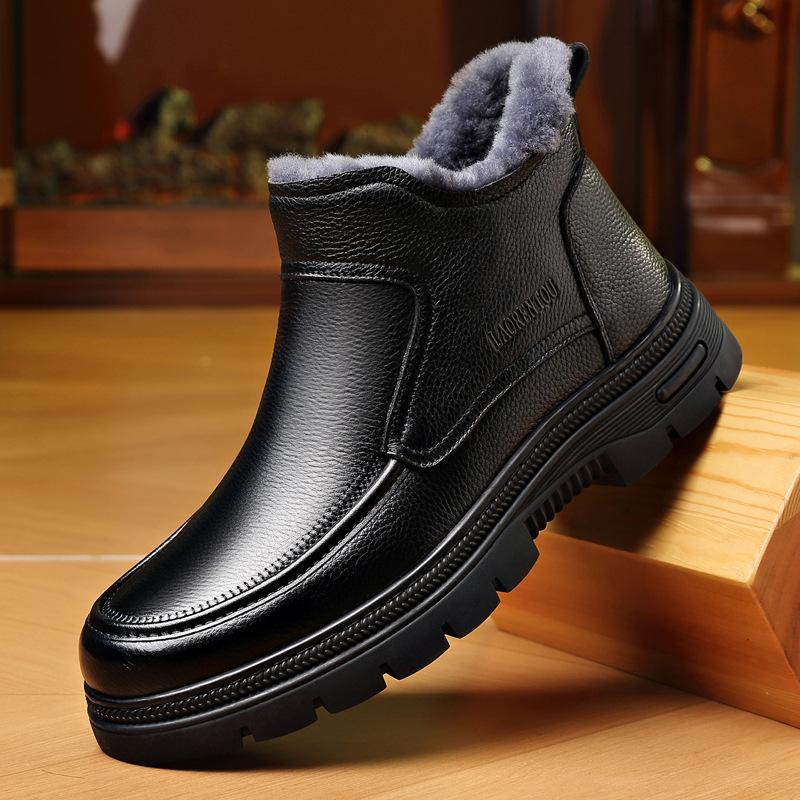 2025 Winter Genuine Leather Shoes Men Chelsea Boots Fashion Brand Shoes Warm Plush Mens Ankle Botas Flat Non-slip Pure Black