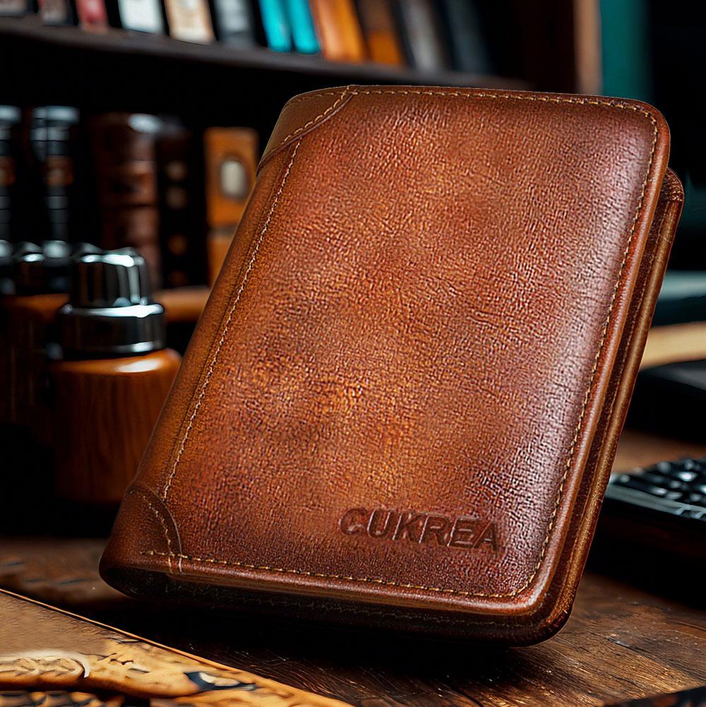 Men's Vintage Cowhide Wallet, RFID Protection Short Multi-Functional ID Card Credit Card Holder Top Layer Cowhide Money Bag 2 ID Card Windows