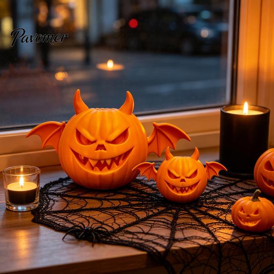 Pumpkin Table Centerpiece 2Pcs 3D Printed Demon Figurine, Devil Statue with Bat Trick or Treat Party Prop Wings & Horns, Spooky Sculpture for