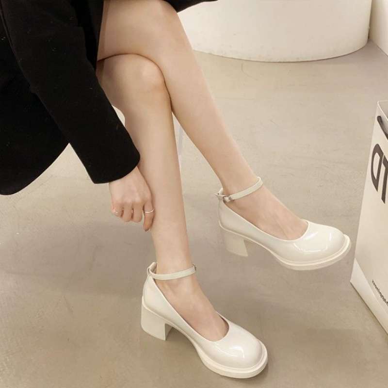 Fashion light luxury small leather shoes women's 2025 spring new retro versatile black light mouth thick heel non-slip Mary Jane shoes