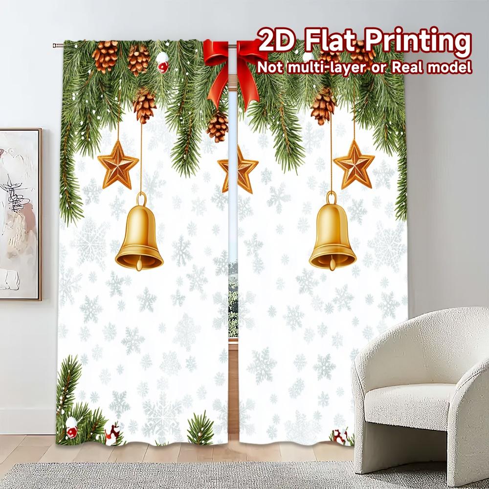 2pcs,Curtains Christmas Bells Stars Snowflakes Border (2) Popular Pattern Curtains Semi-Sheer Curtains Festive for Kitchen