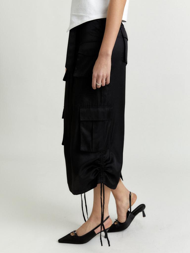 Muse Lily Side String Belted Satin Cargo Long Skirt_Black