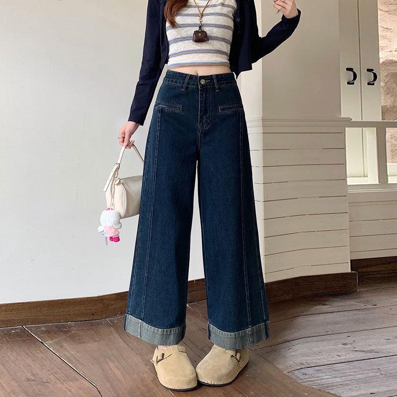 2025 Women s Plus Size High-Waist Flared Denim Jeans: Slimming Deep Blue Straight & Wide Leg for Curvy & Petite S темно-синий