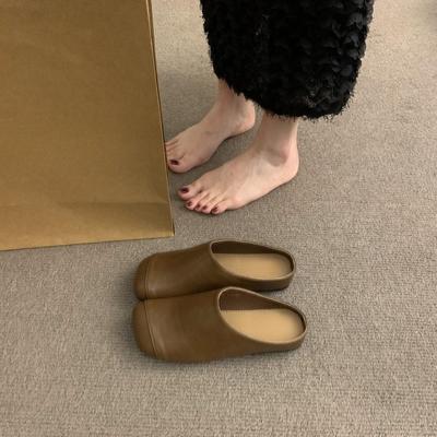 Temperament Versatile Bag Head Half Slippers Women's Outer Wear Lazy One Pedal Comfortable Soft Sole Retro Square Head Birkenmuller Shoes