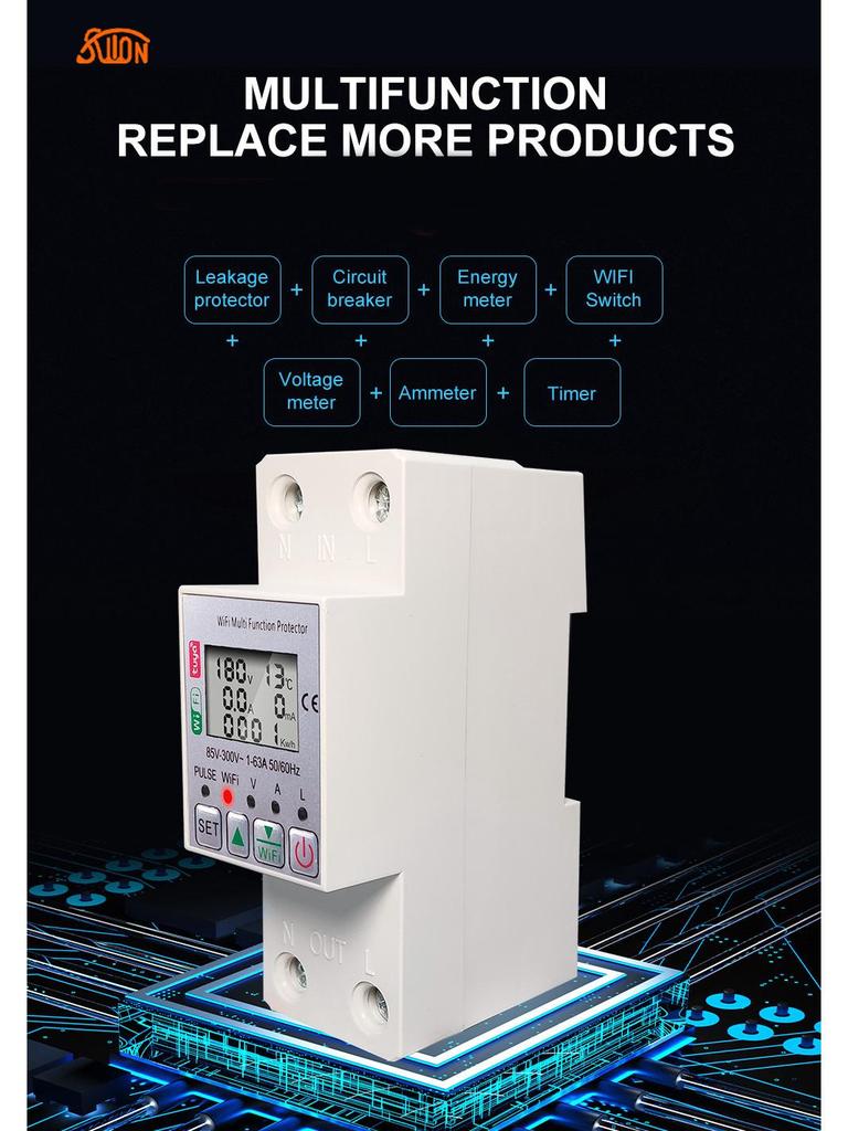 WiFi Smart Circuit Breaker with Over/Undervoltage Protection, Tuya App Control, Auto Reclosing, and Prepayment Electric Meter.