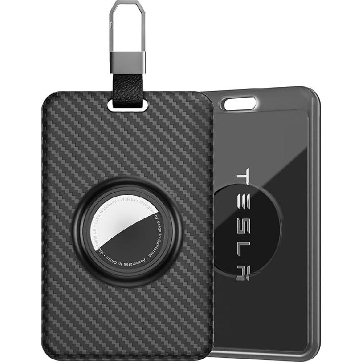 Key Card Holder for Tesla with AirTag Slot TNSNK Carbon Fiber Cover Protective Card Case with Keychain for Tesla Key 3 Y S X (Black)