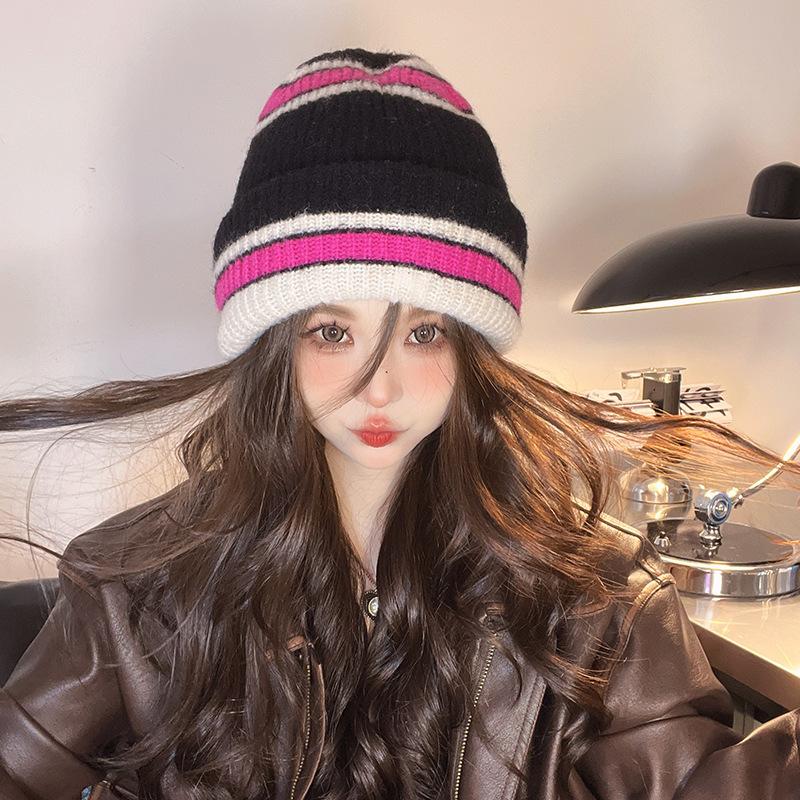 Women's Autumn and Winter Warm Knitted Hat Korean Style Striped Big Head Circumference Face Small Ear Protection Head Hat