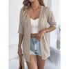 Women Casual European Style Solid Hollow Out Mid Length Elbow Sleeve Knit Cardigan