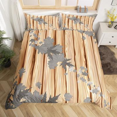 Autumn Maple Leaves Bedding Set Happy Fall Theme Comforter Cover Rustic Wooden Breathable Grey Diagonal Leaves Soft Duvet Cover