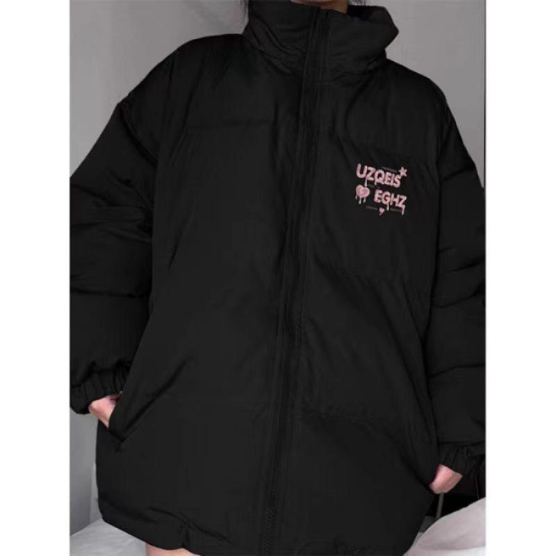 Korean Style Printed Cotton Jacket: Warm, Thick, Stand Collar, Loose Fit for Winter Medium чёрный