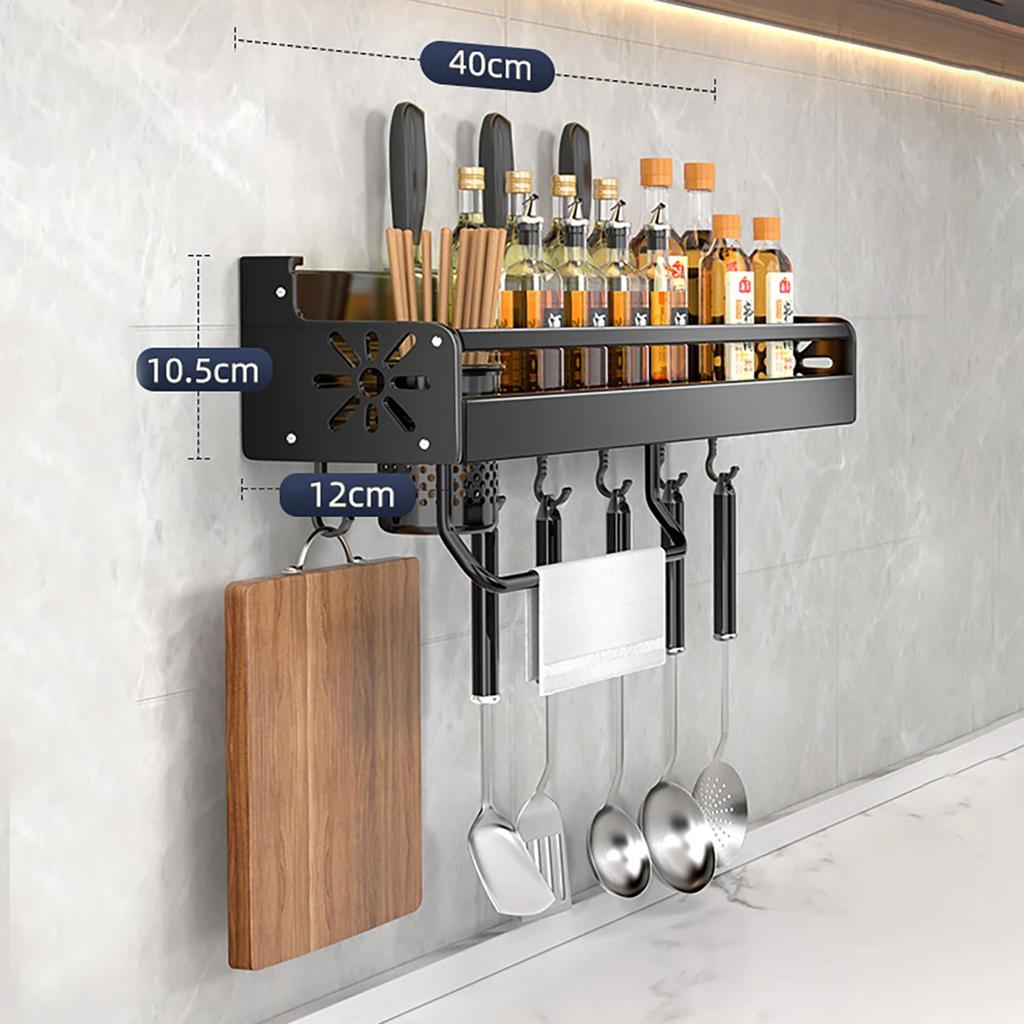 Black Wall Mounted No-Punch Large Capacity Storage Utensils Metal Kitchen Shelf Skeletonized Drainage Design Easy To Clean