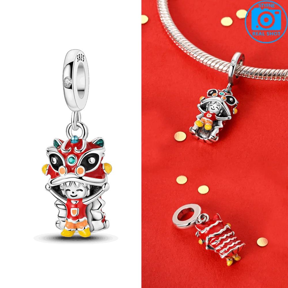 Authentic Copper Color God of Wealth Lucky Cat Lantern Lion Dance Charm Bead Charms Bead Charms Compatible With Bracelets Do It Yourself New Years Je