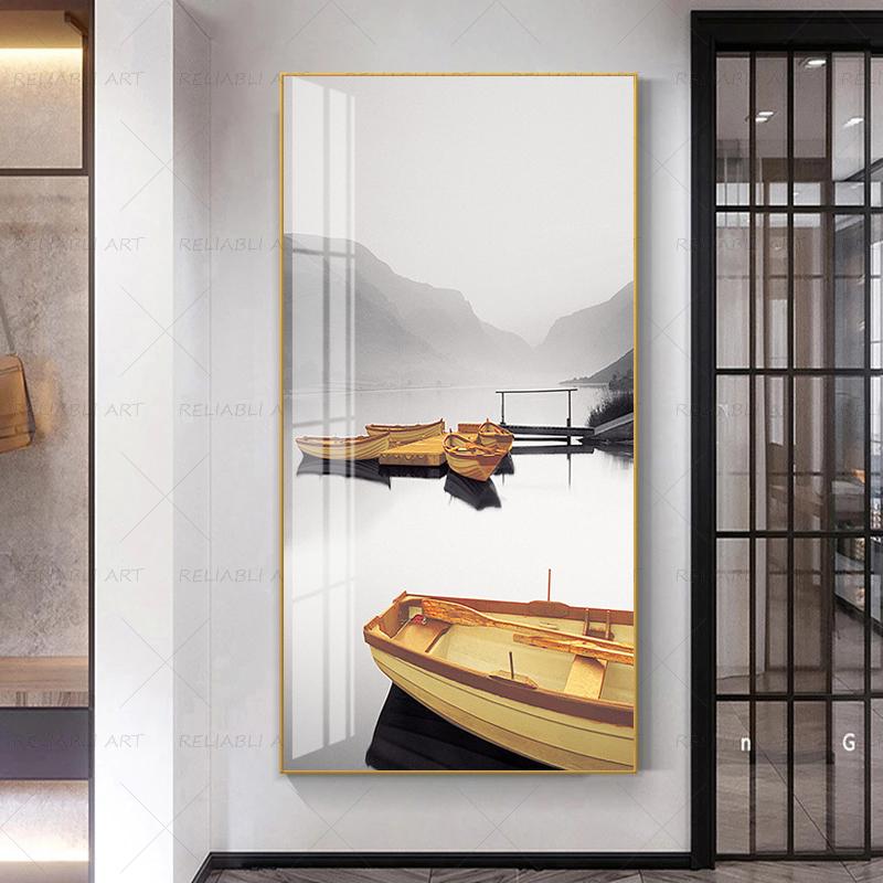 Nordic Style Black And White Seascape Canvas Painting Yellow Umbrella Boat Poster And Print Picture Living Room Bedroom Decor