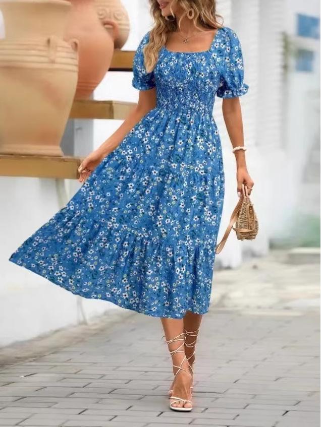 Rochie European-Americană pentru Femei cu Imprimeu, Mânecă Scurtă, Gât Pătrat, Mânecă Bufantă, Stratificată