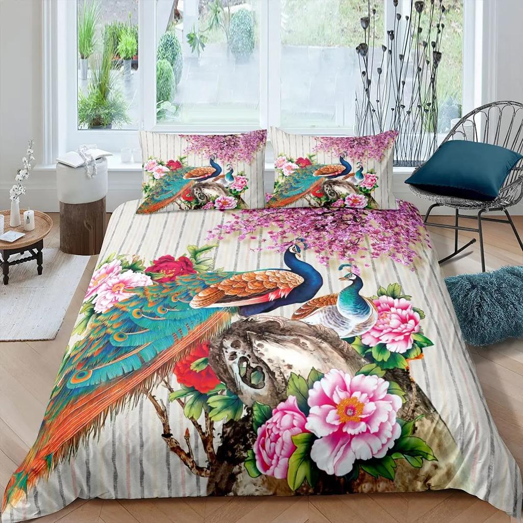 Peacock Feather Duvet Cover Set Full Queen Size Birds Feather Bedding Sets Chic Fantasy Peacock Feathers Comforter Cover 3 Pcs