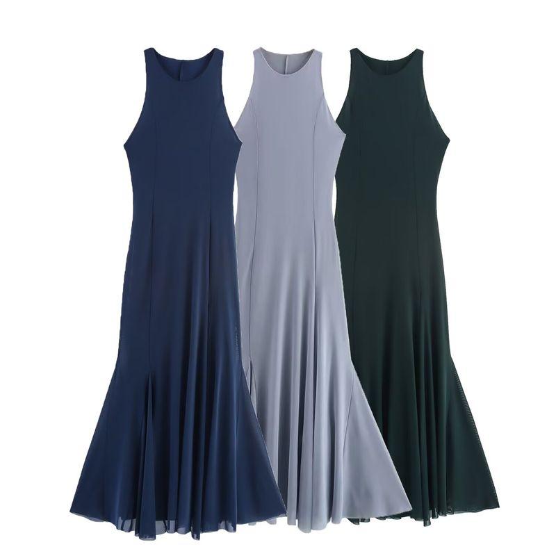 Zbzr Autumn New Women Clothes Solid Slim Fit Elegant Triangle Cloth Silk Net Long Dress 5039830