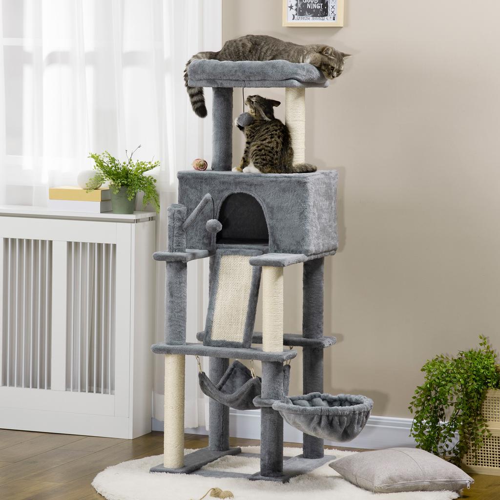 Cat Scratching Tree with Sisal Posts, House, Bed and Hammocks, 48x48x140cm, Grey
