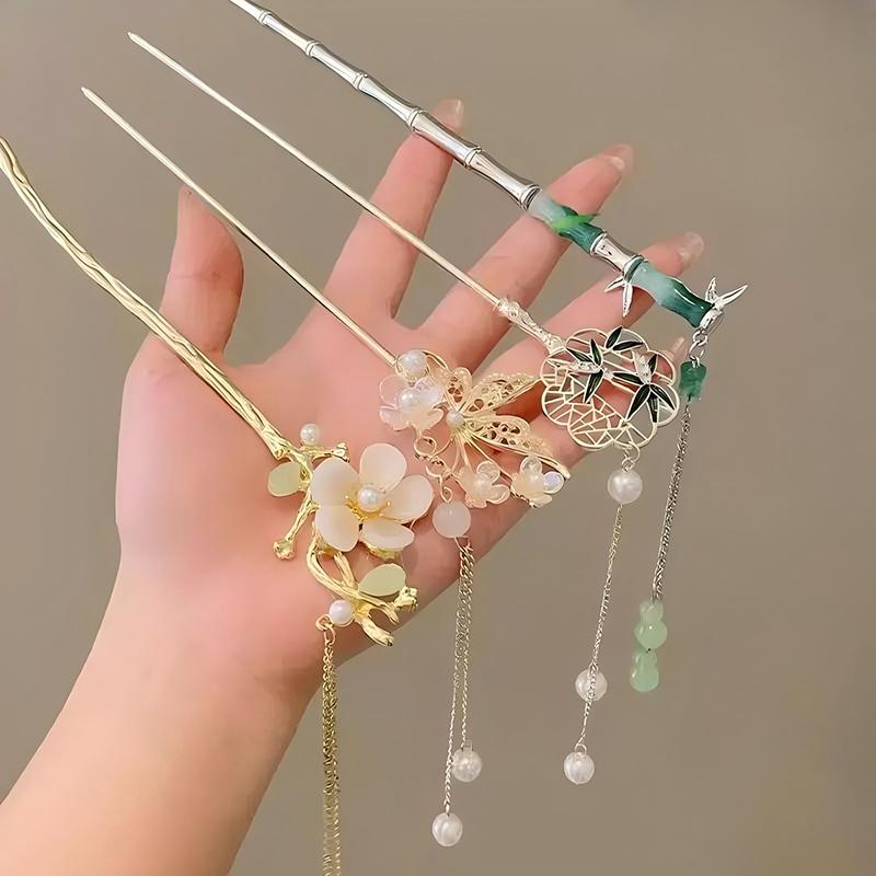 6pc/set Elegant Chinese Hair Clips Tassels Traditional Hair Sticks Women's Retro Metal Flowers Jade Decorations Hair Accessories