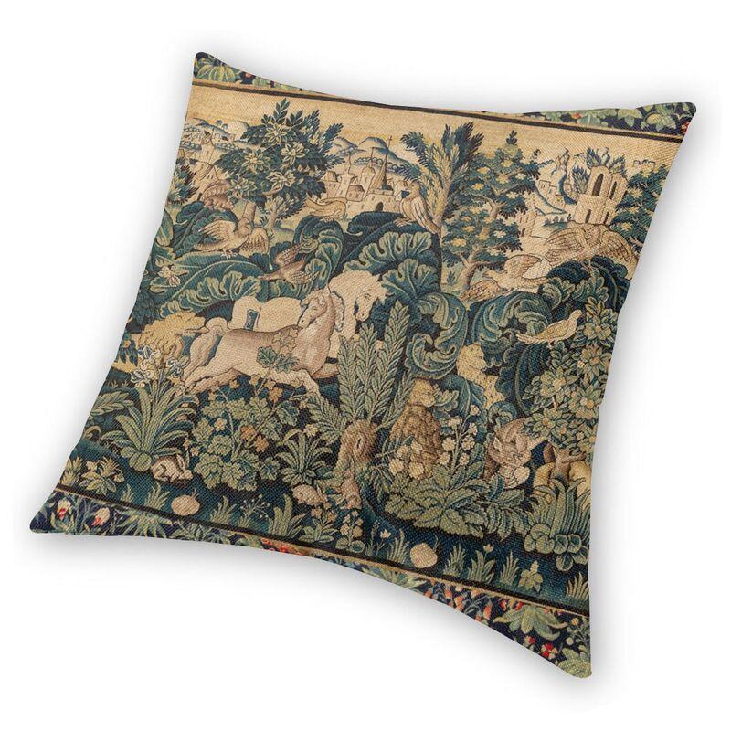 Almofada Decorativa Estampada com Animais e Cavalos em Praça de Bosque Capa de Almofada com Estampa de Tapeçaria Francesa Antiga para Sala de Estar