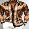 Men Silky Satin Button‑Down Shirt Vintage Silver Baroque Medallion Pattern Long Sleeve Turn‑Down Collar Male Banquet Party Casua