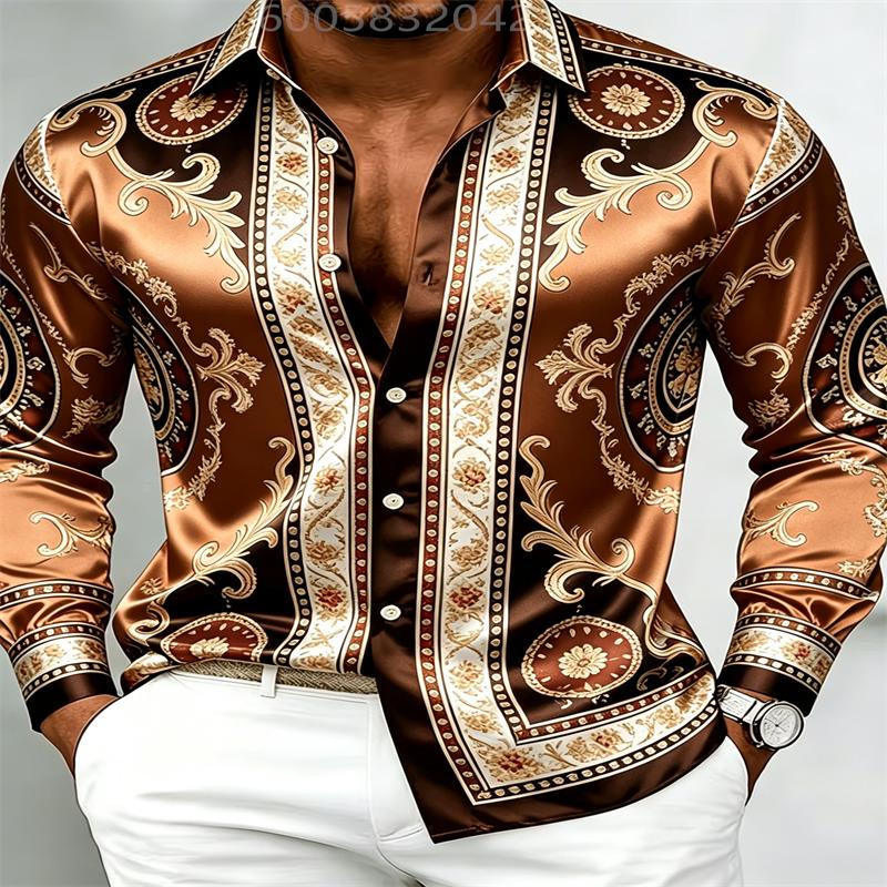 Men Silky Satin Button‑Down Shirt Vintage Silver Baroque Medallion Pattern Long Sleeve Turn‑Down Collar Male Banquet Party Casua