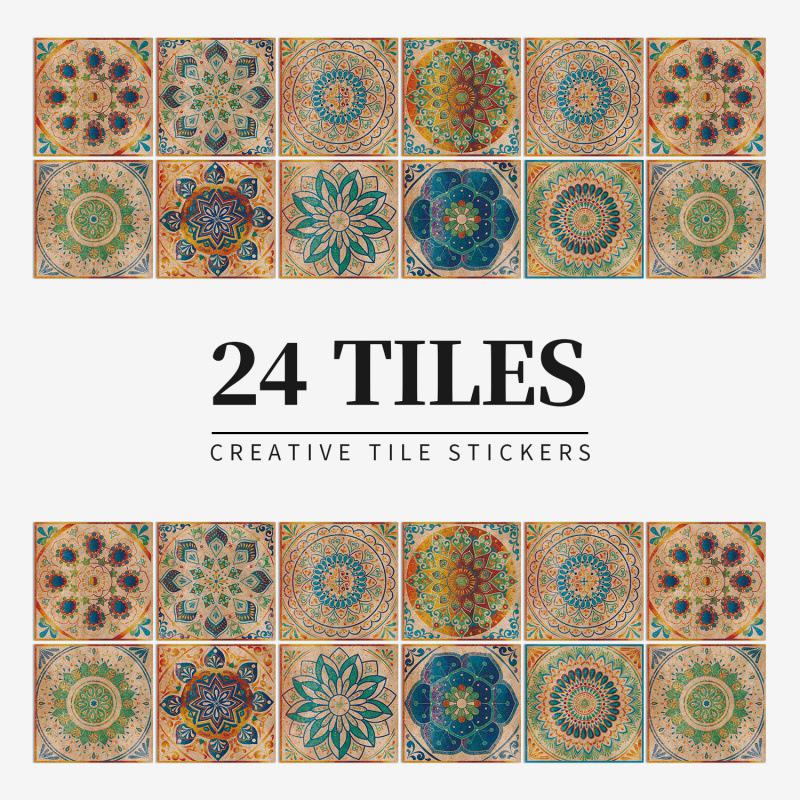 24 European Mandala Flower Tile Stickers: Waterproof, Self-Adhesive PVC for Kitchen & Bathroom Walls