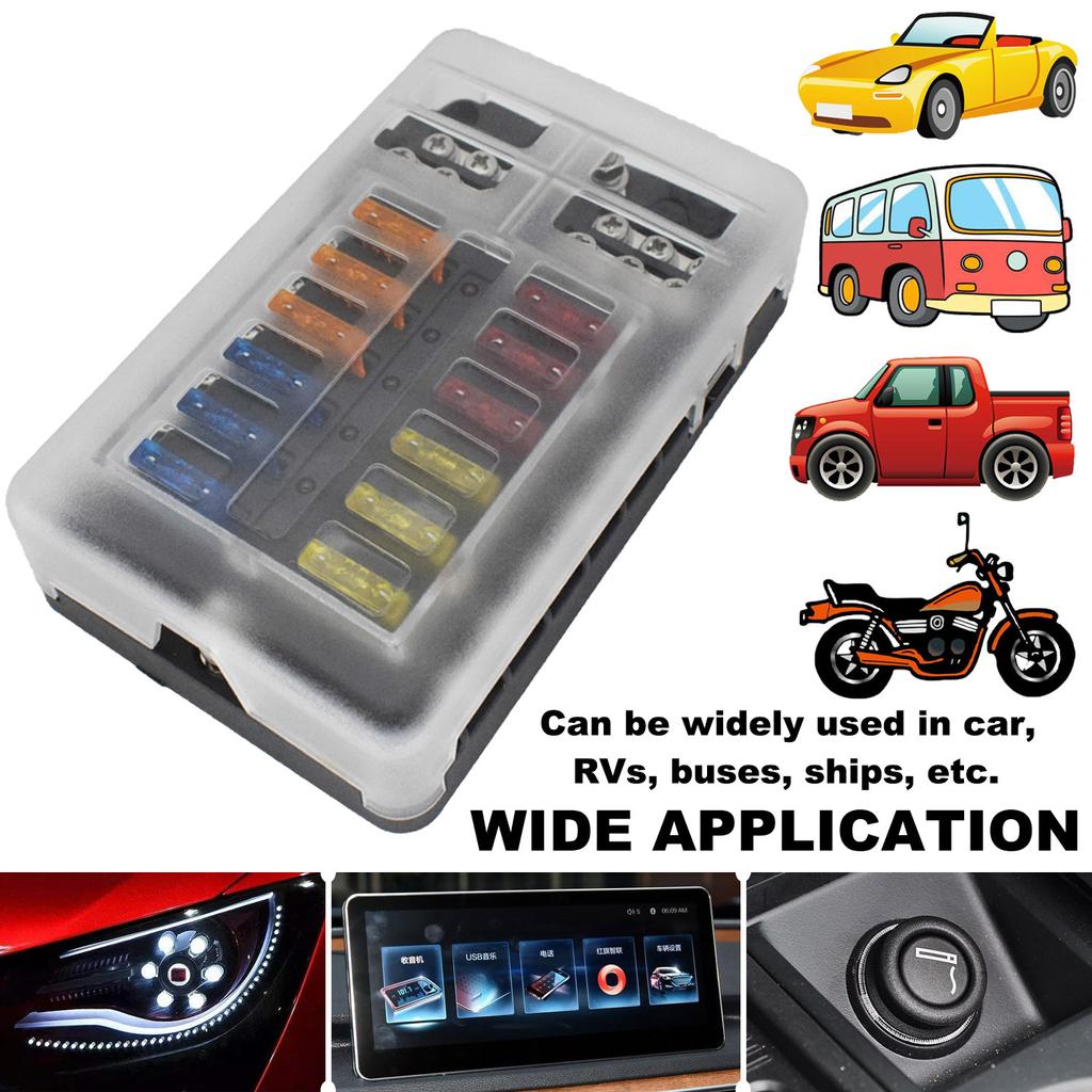 32V Plastic Cover Fuse Box Holder M5 Stud With LED Indicator Light 12 Ways Blade For Auto Car Boat Marine Trike RVs Ship Pickup