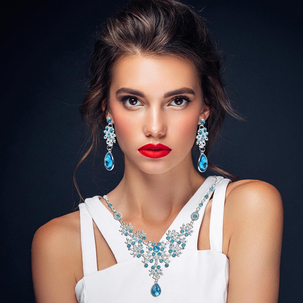 EXCEART Women's Blue Necklace and Earring Set, Lightweight, 2-Piece, 11.8x7.9 Inches, Elegant Ornament for Weddings, Bridal, and Parties